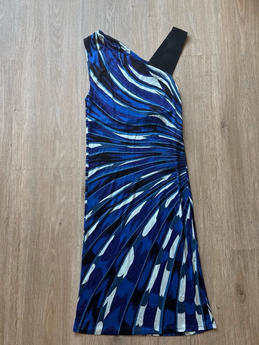 Emilio Pucci One-Shoulder Wave-Print Dress in Blue, Navy & White 34